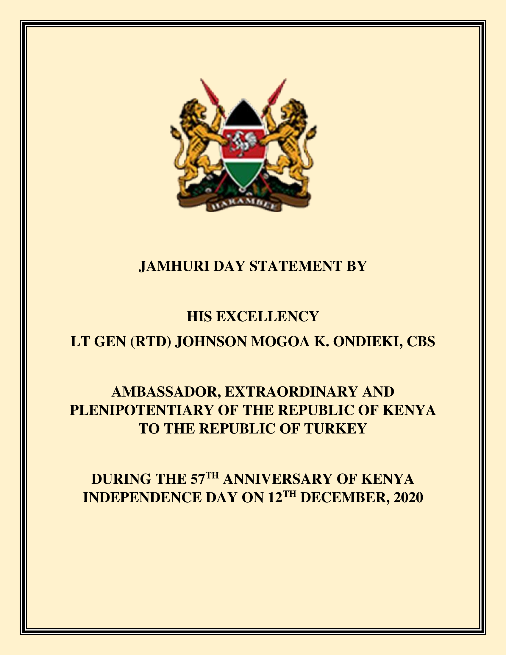 Jamhuri Day Statement by H.E. the Ambassador of the Republic of Kenya